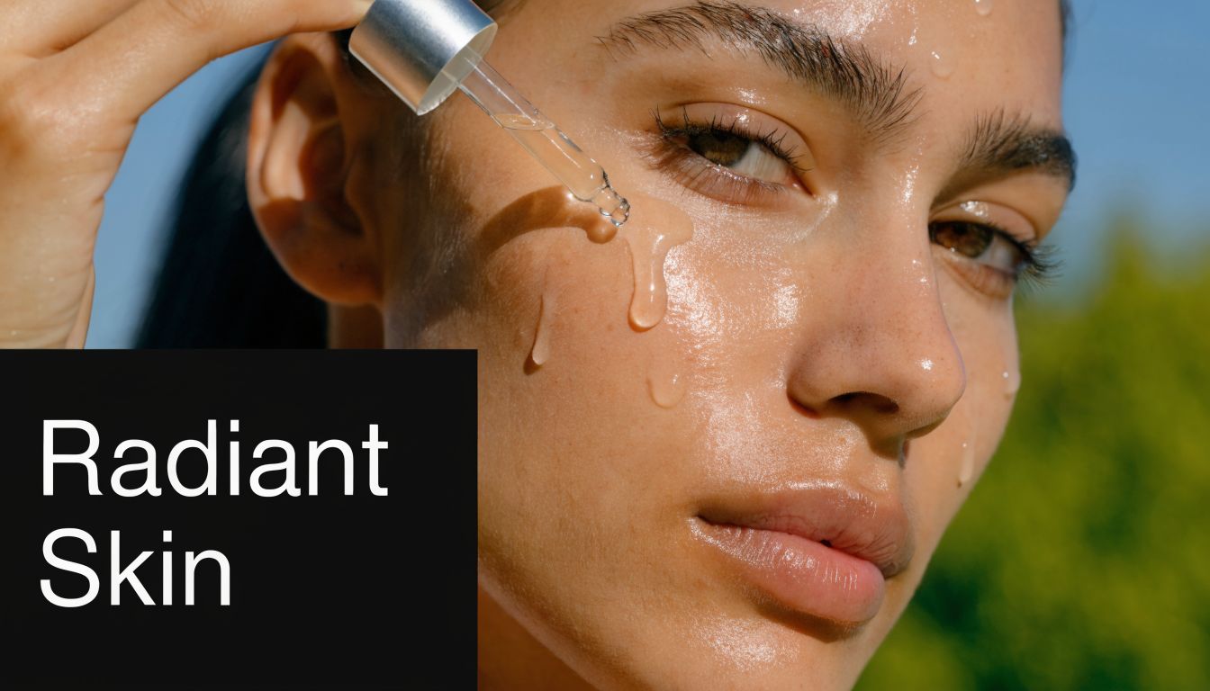 A close up of a woman applying a glowing facial serum to her radiant skin outdoors.