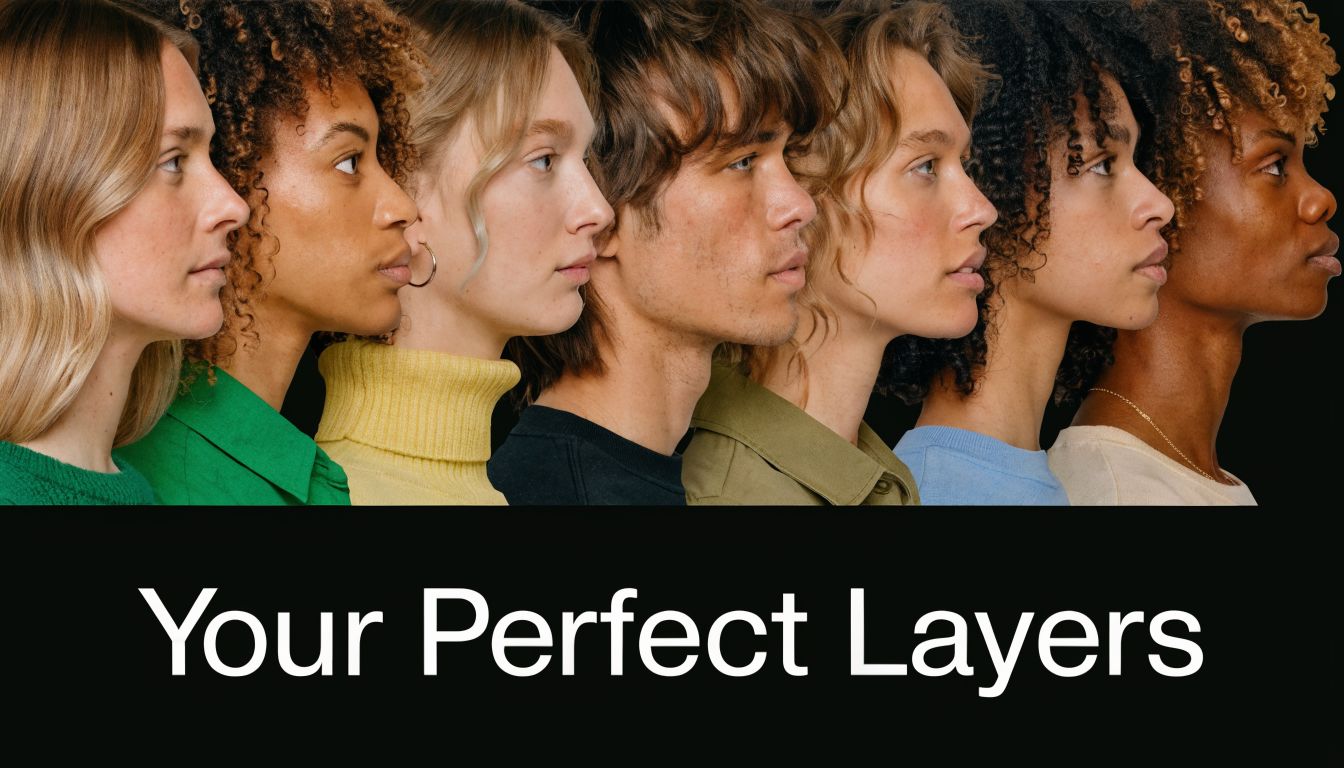 A diverse group of seven people with varied shoulder-length hairstyles layered in profile against a black background.
