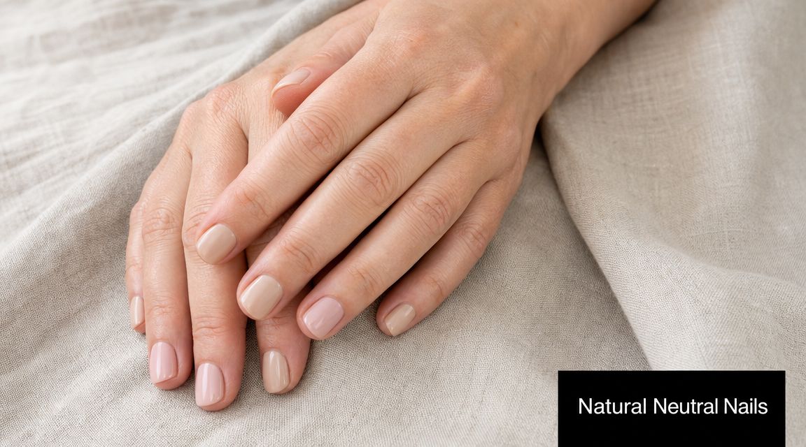 A close-up view of two hands resting on neutral linen fabric showcasing simple natural nail designs.