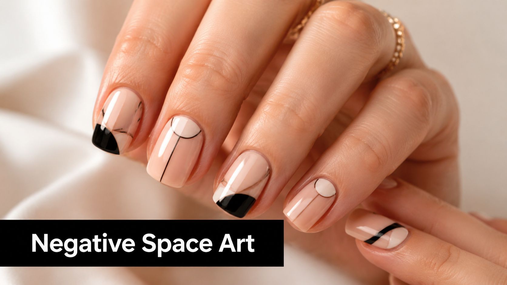 A close-up of fingers with elegant minimalist negative space nail art designs in black and nude colors.
