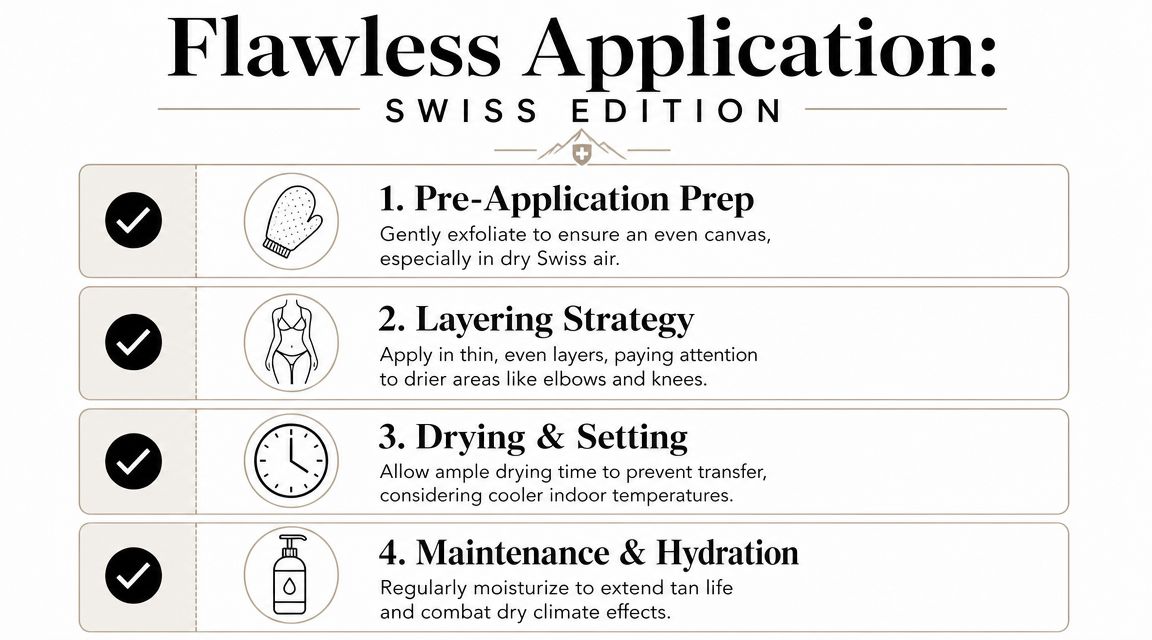 A four-step infographic providing instructions for achieving a flawless self-tanner application in a dry climate.