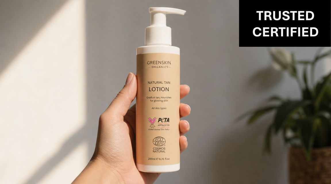 A hand holding a bottle of Greenskin Organics Natural Tan Lotion against a blurred indoor background.