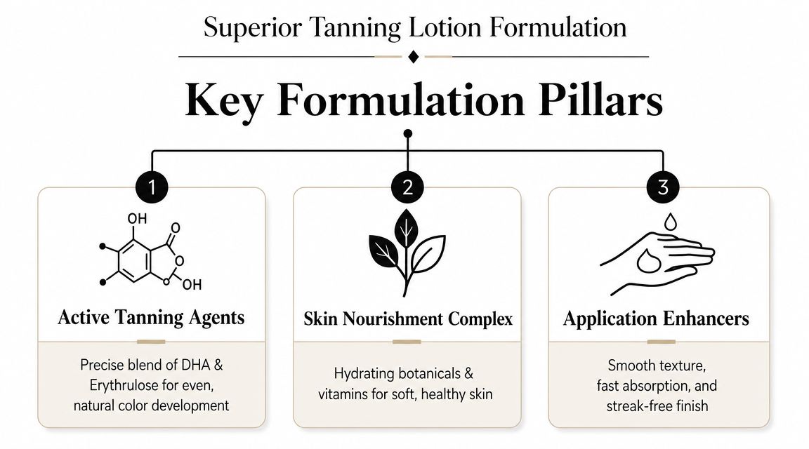 A diagram illustrating three key pillars of superior tanning lotion formulation: active tanning agents, nourishment, and application.
