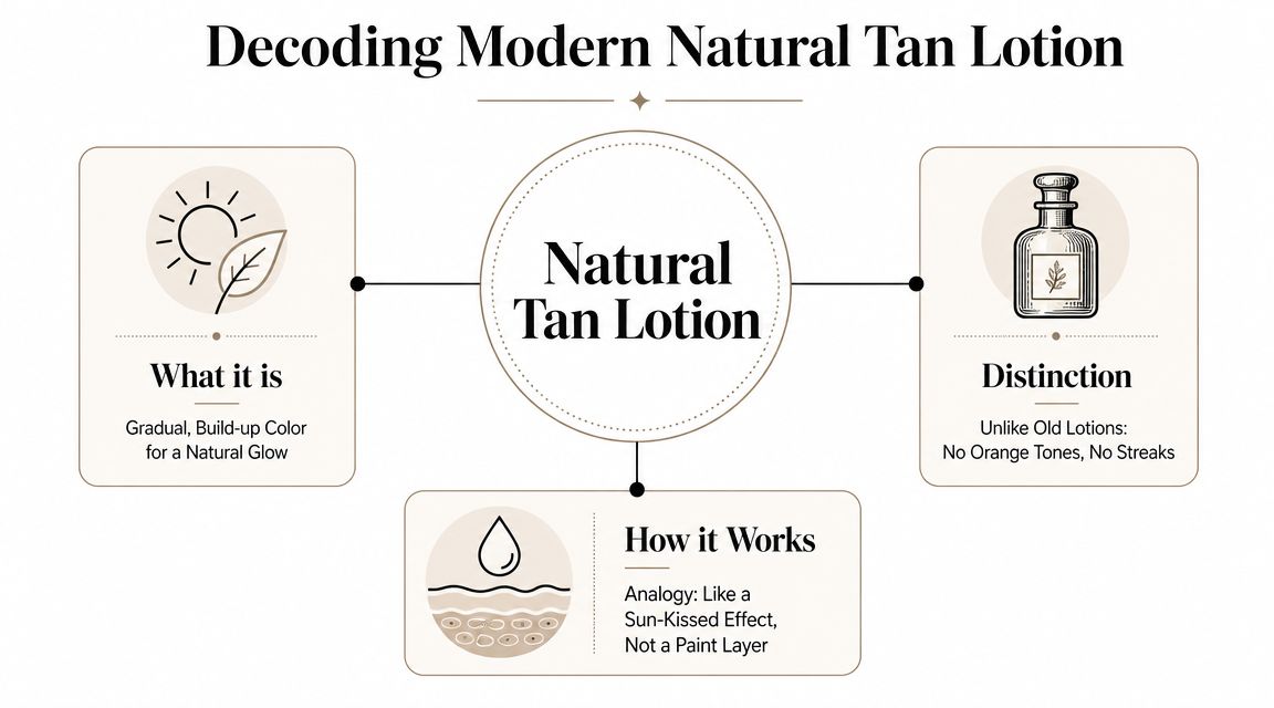 A visual guide explaining how modern natural tan lotions provide a gradual, streak-free sun-kissed glow.