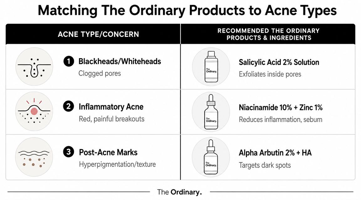 A chart showing The Ordinary skincare products matched to specific acne types and skin concerns.