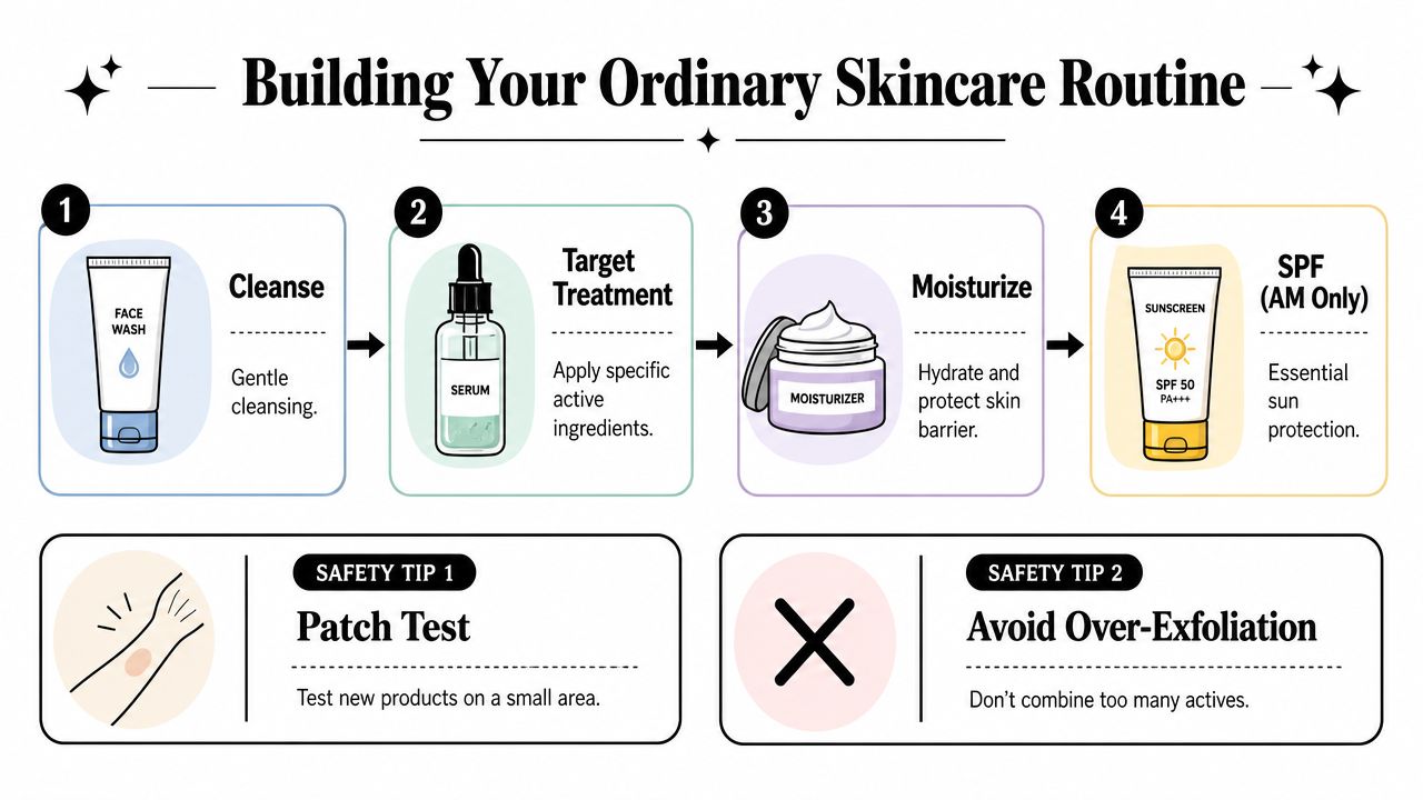 A four-step infographic illustrating The Ordinary skincare routine with cleansing, treatment, moisturizing, and sun protection steps.