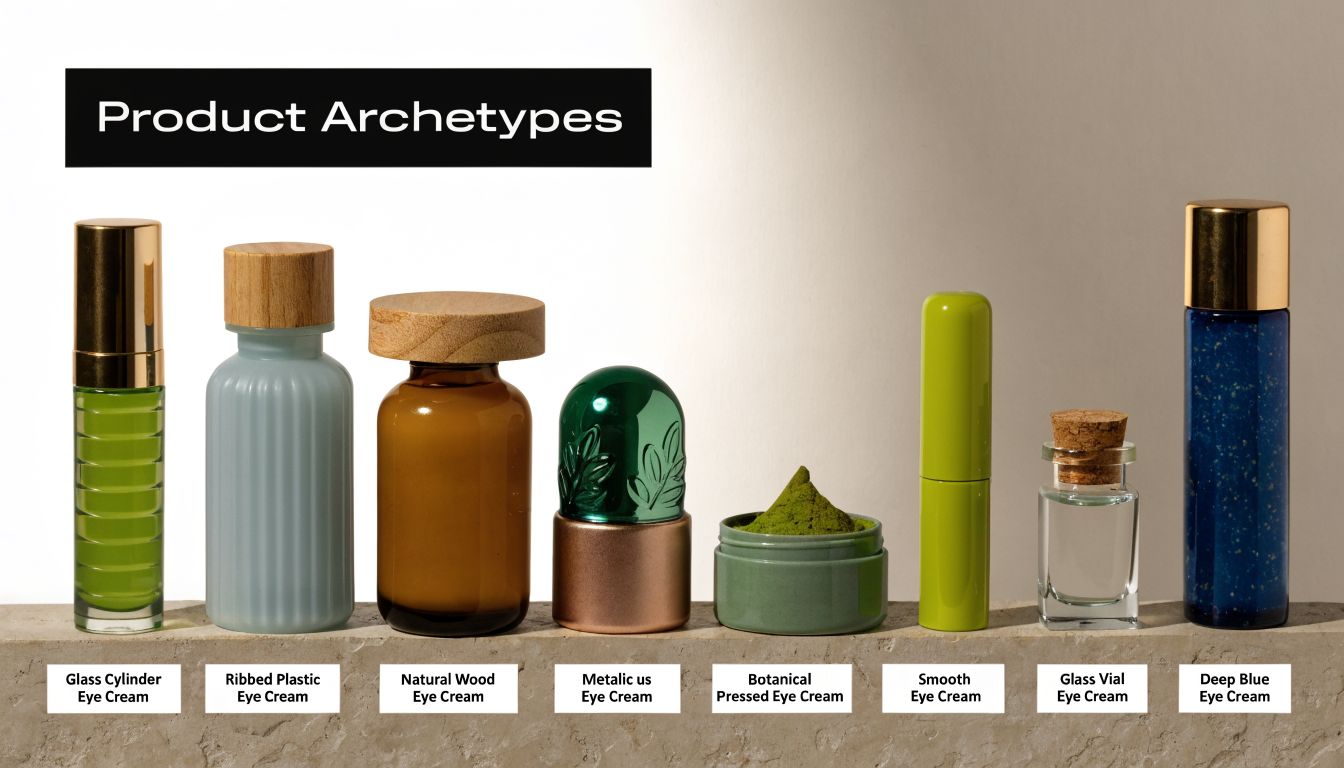 A line of eight different eye cream packaging designs, including bottles, jars, and vials, on a stone shelf.