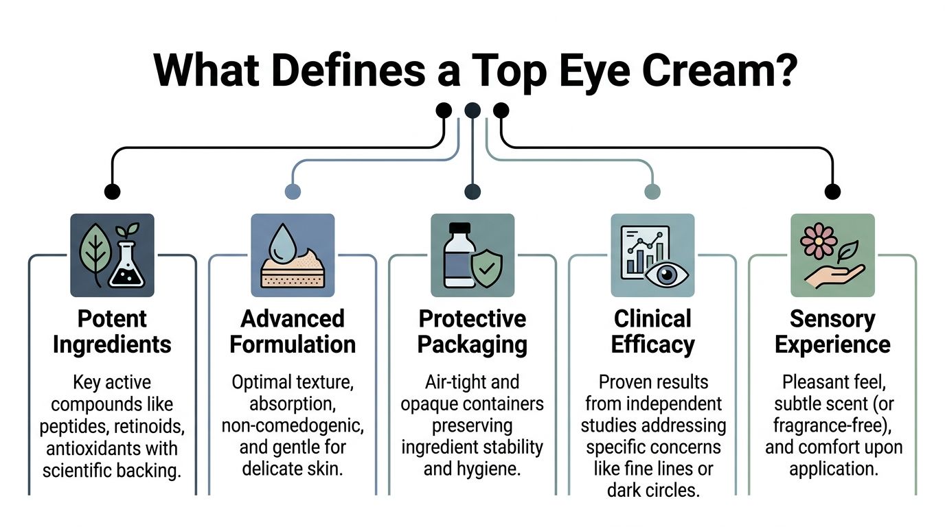 An infographic titled What Defines a Top Eye Cream highlighting ingredients, formulation, packaging, efficacy, and sensory experience.