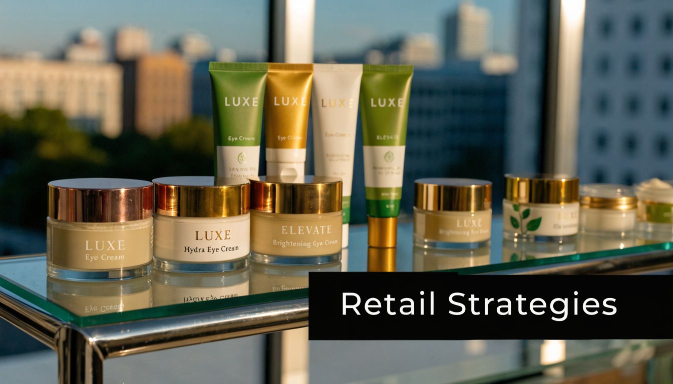 A collection of Luxe brand eye cream jars and tubes arranged on a glass shelf.