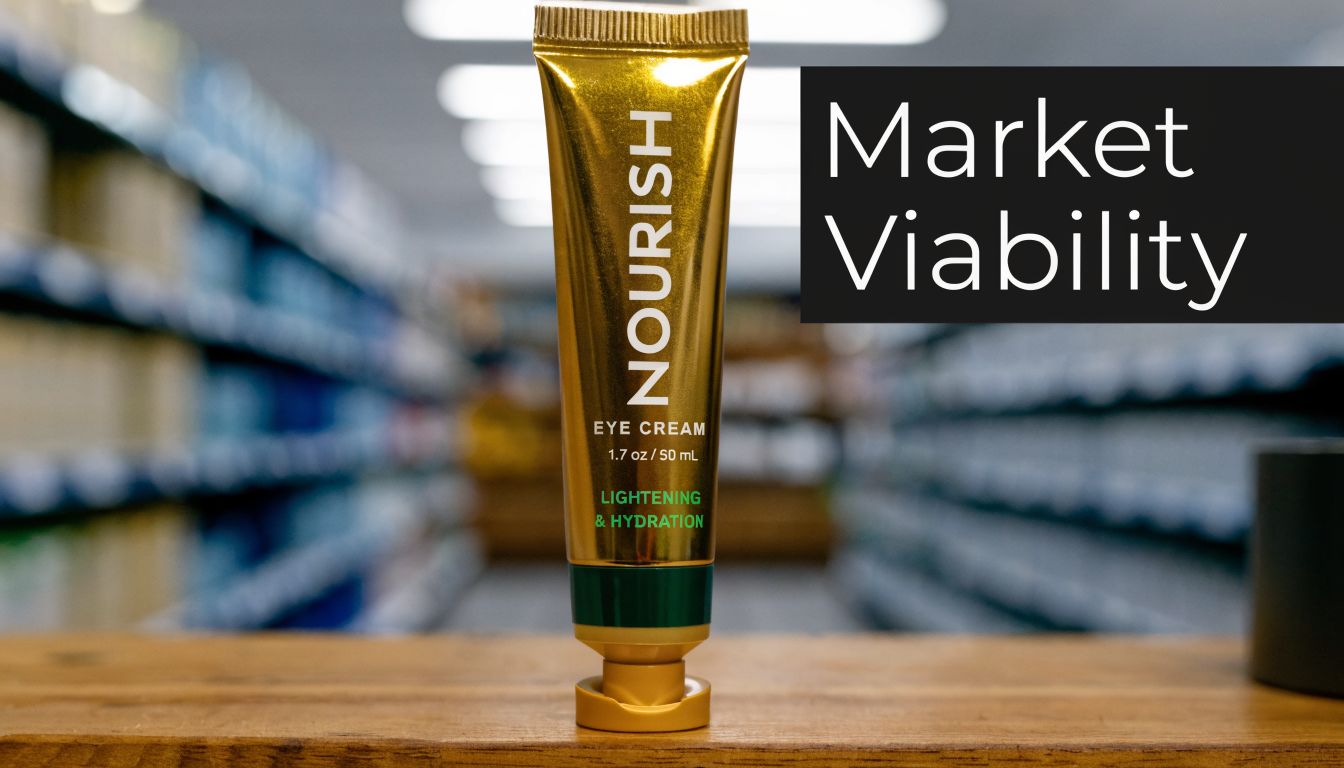 A golden Nourish eye cream tube displayed on a wooden surface with a blurry store background.