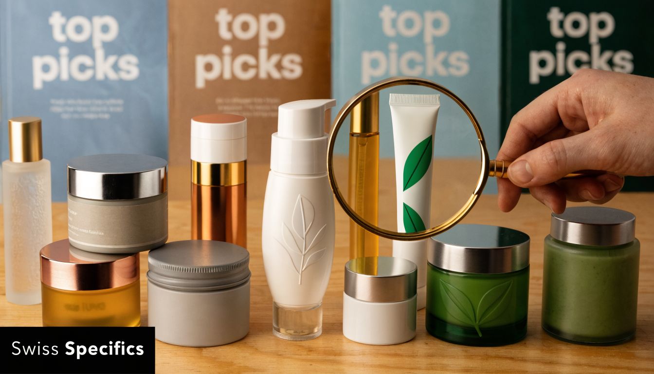A hand holds a magnifying glass over a green leaf tube skincare product among various cosmetic containers.