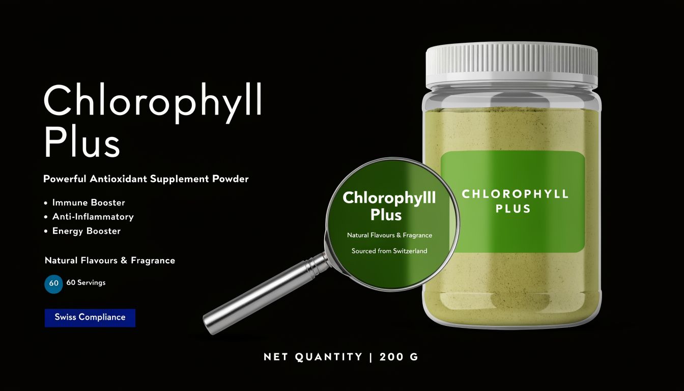 A jar of Chlorophyll Plus antioxidant supplement powder with a magnifying glass showcasing product details.