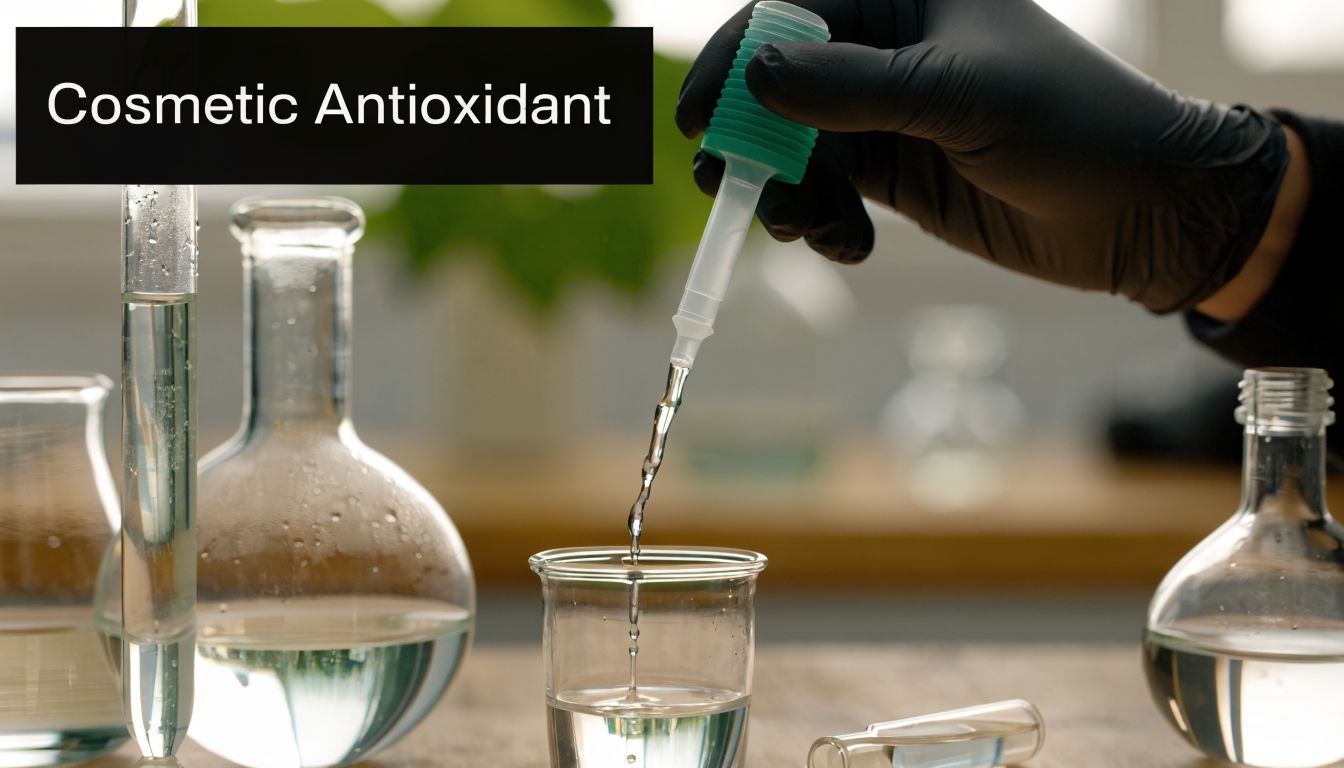 A gloved hand uses a pipette to drop clear liquid into a beaker in a lab setting.