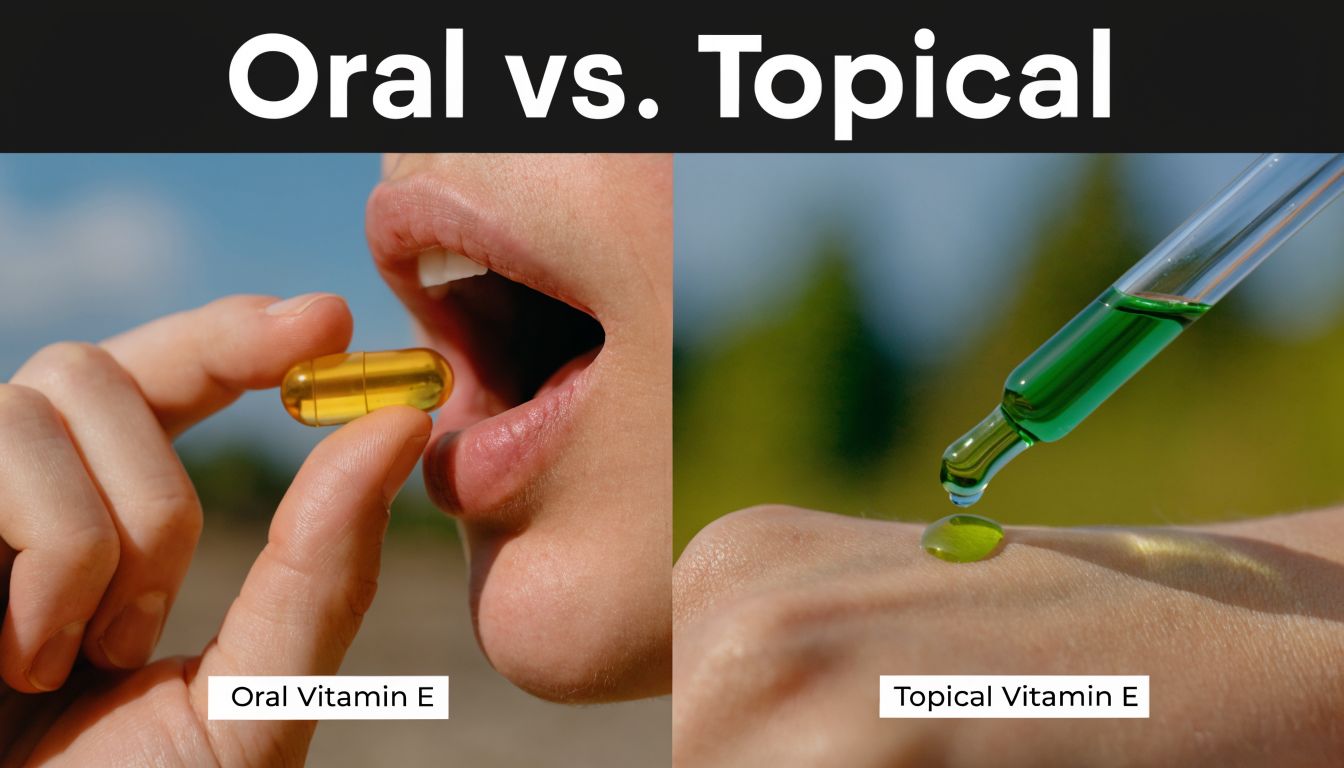 A split screen comparing oral vitamin E capsules and topical vitamin E oil applied to the skin.
