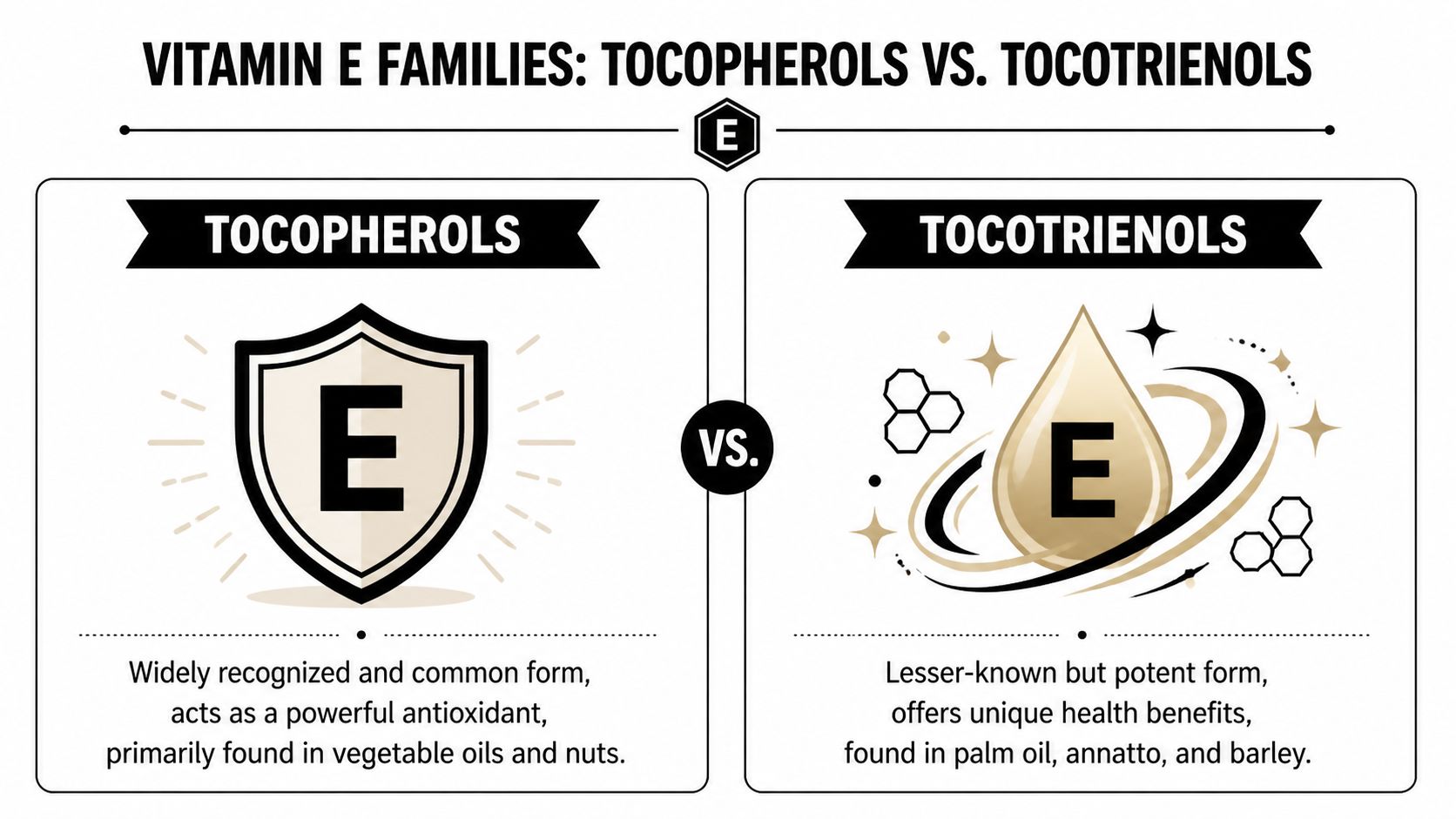 A comparison infographic between tocopherols and tocotrienols, two different forms of vitamin E with unique sources.