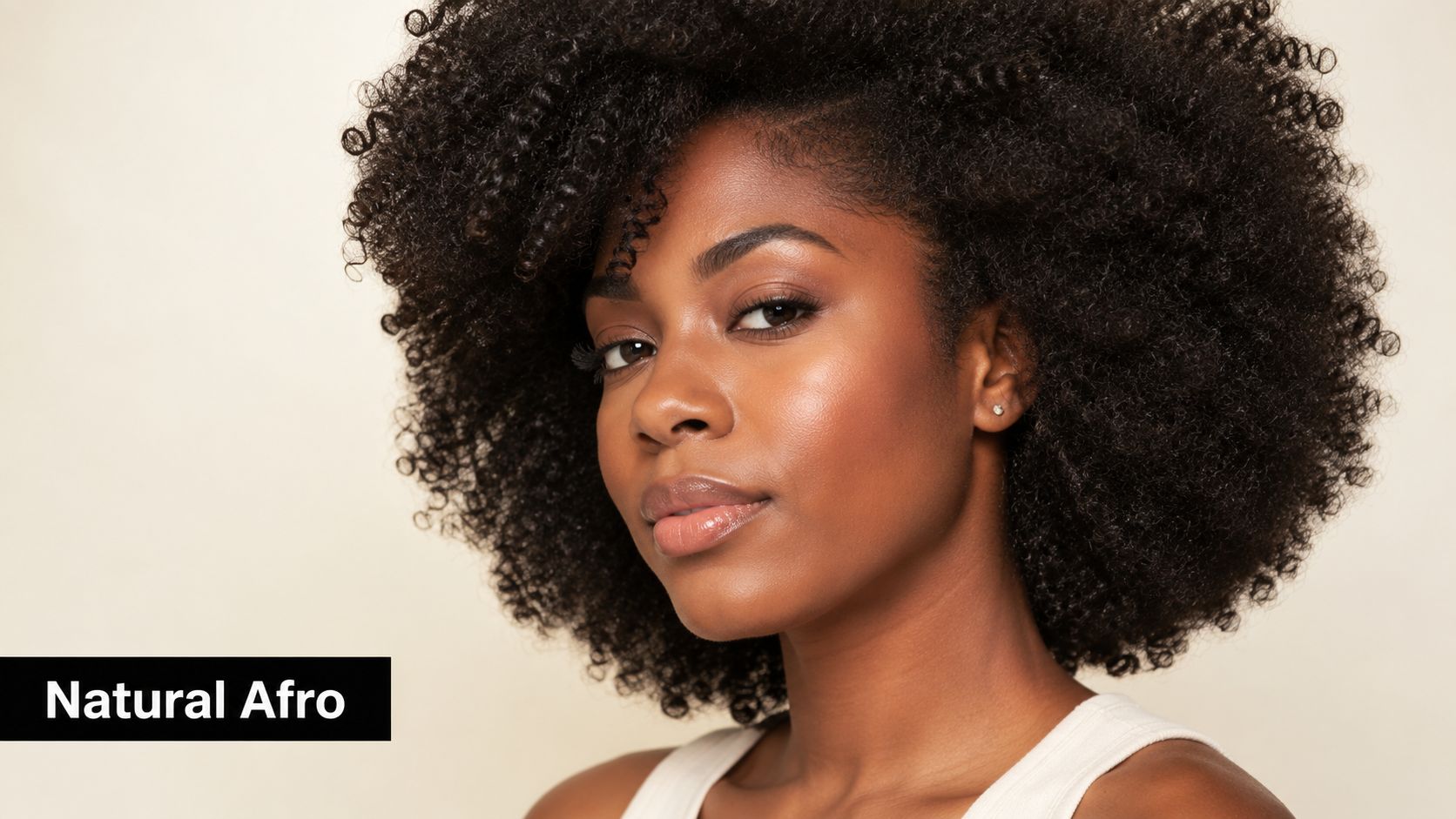 A beautiful Black woman with a voluminous natural afro hairstyle posing against a neutral light background.