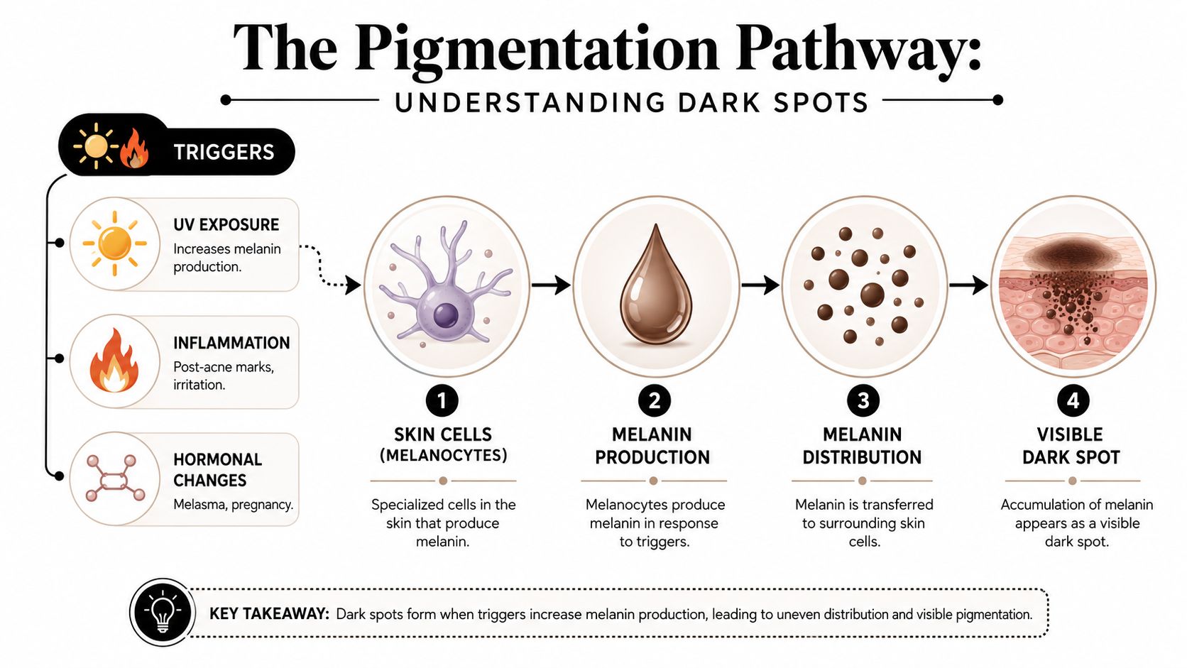 A diagram illustrating the four-step biological pathway of skin pigmentation and how dark spots develop.