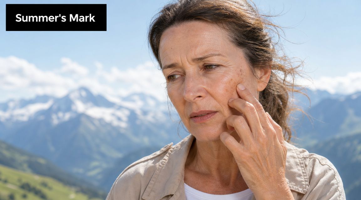 A middle-aged woman touching the dark spots on her face while standing in front of mountain scenery.