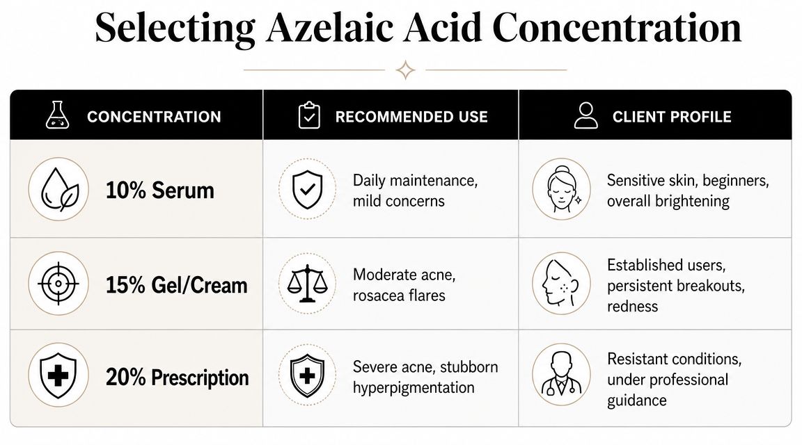 A table outlining azelaic acid concentration recommendations based on skin type and skincare needs.