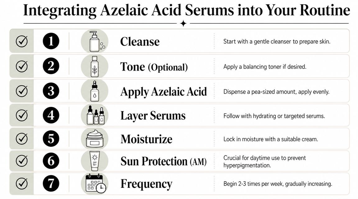 A step-by-step guide on how to integrate azelaic acid serums into a daily skincare routine.