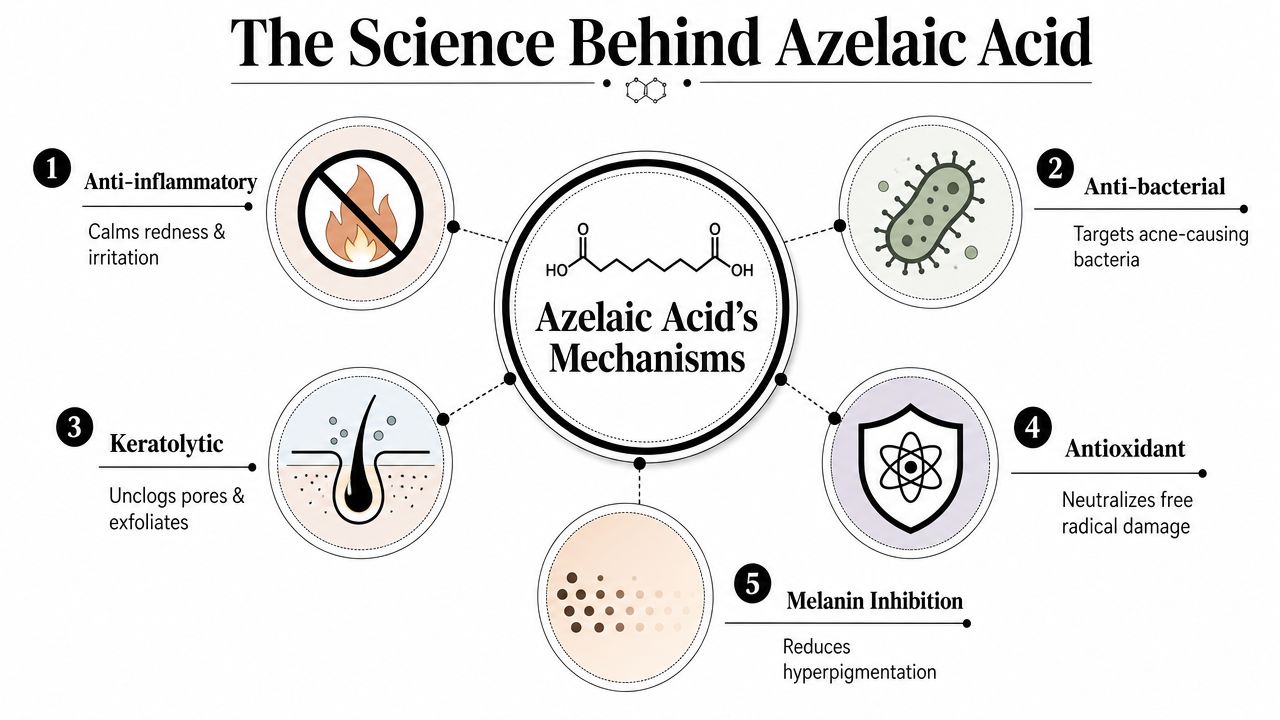 An infographic titled The Science Behind Azelaic Acid explaining its five main skin care benefits and mechanisms.