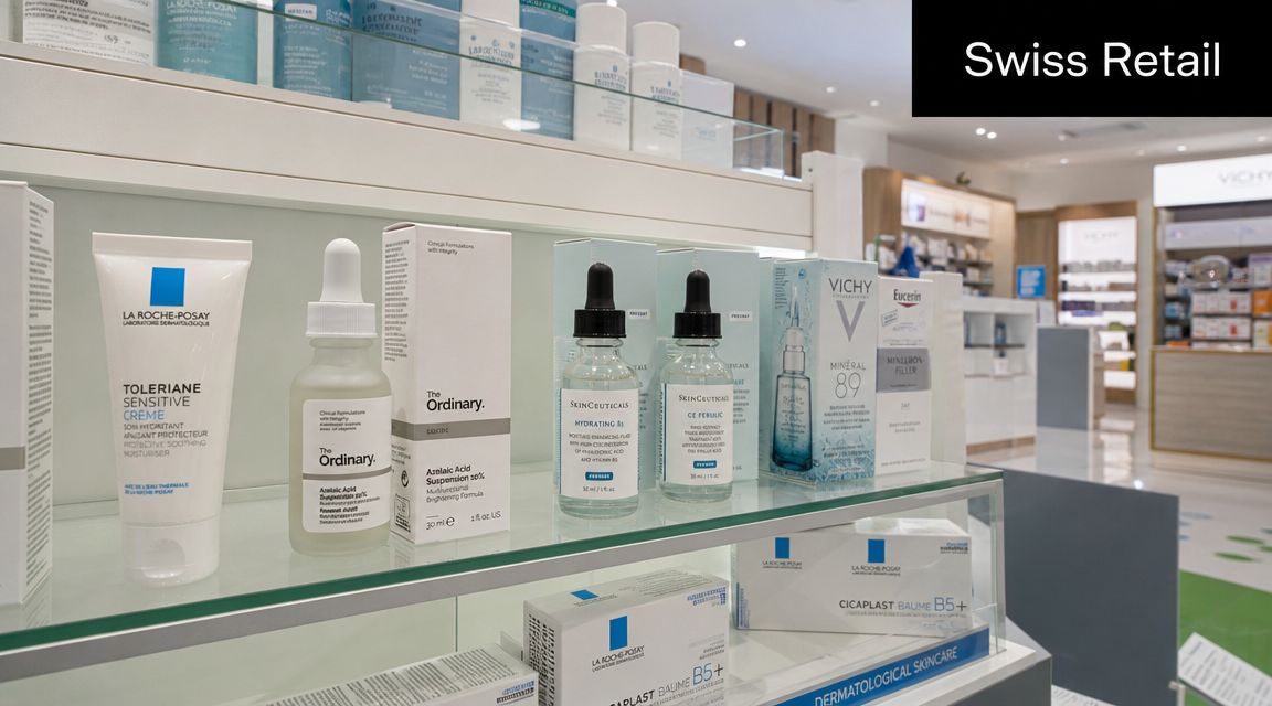 A store shelf displays skincare products from brands like La Roche-Posay, The Ordinary, SkinCeuticals, and Vichy.