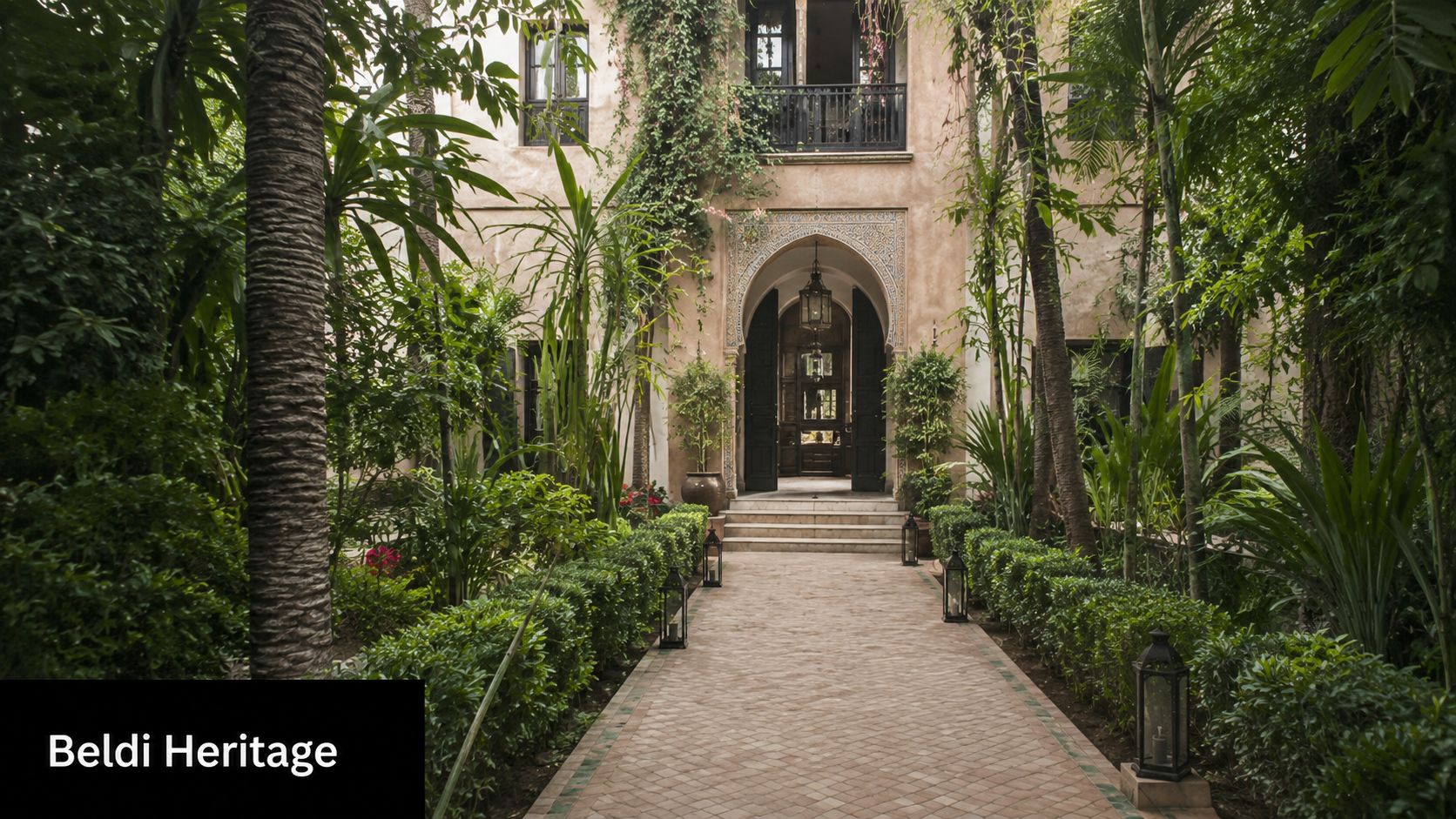 A picturesque brick walkway leads to an arched entrance of a beautiful Mediterranean-style building surrounded by lush greenery.
