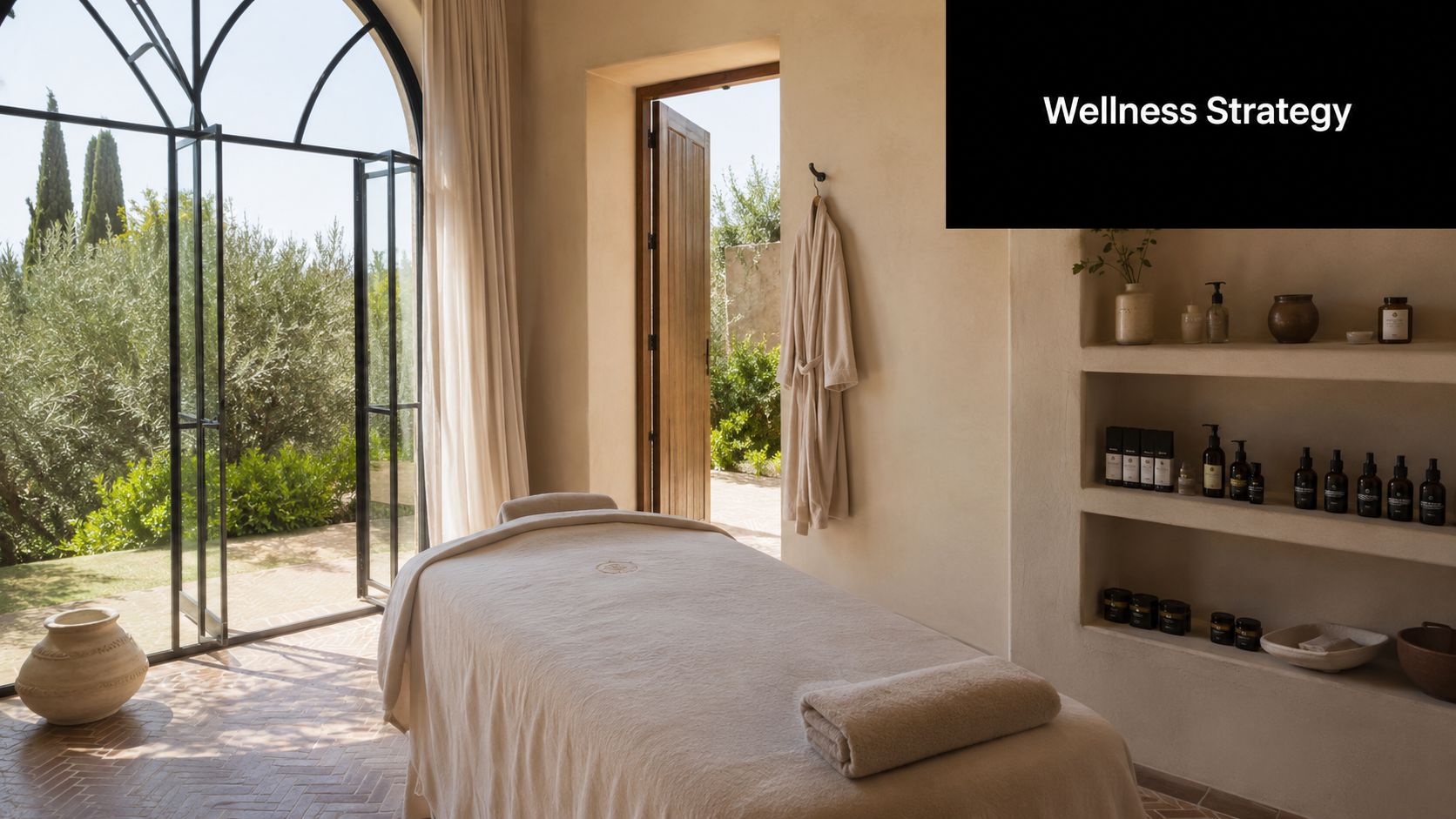 A serene massage treatment room at Beldi Country Club featuring a massage table and natural earth tones.