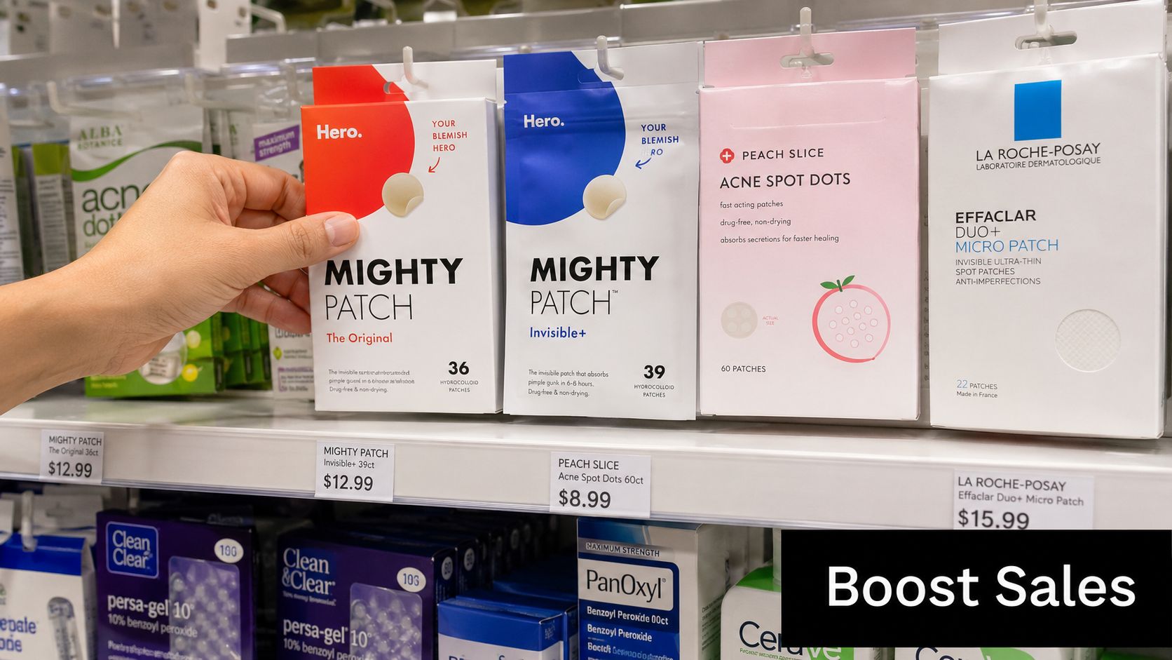 A hand selecting a box of Hero Mighty Patch acne dots from a retail store shelf display.