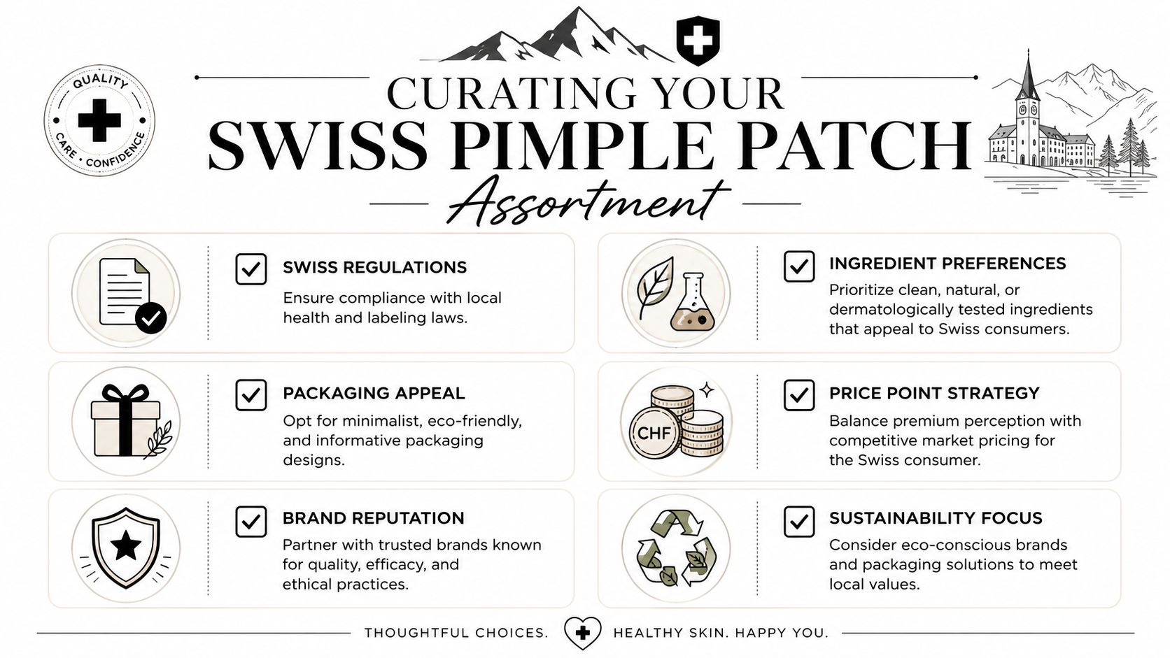 A guide infographic titled Curating Your Swiss Pimple Patch Assortment, outlining key considerations for selecting skincare products.