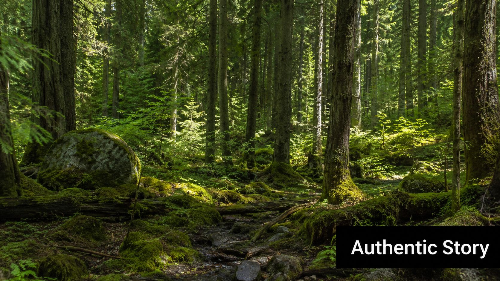 A tranquil, moss-covered forest floor with ancient trees and soft sunlight filtering through the dense canopy.