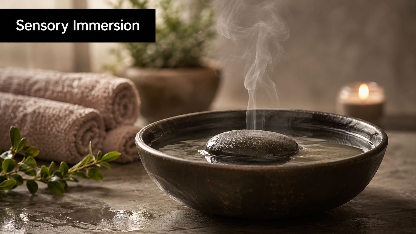 A steaming stone in a water bowl next to rolled towels and a candle at a spa.