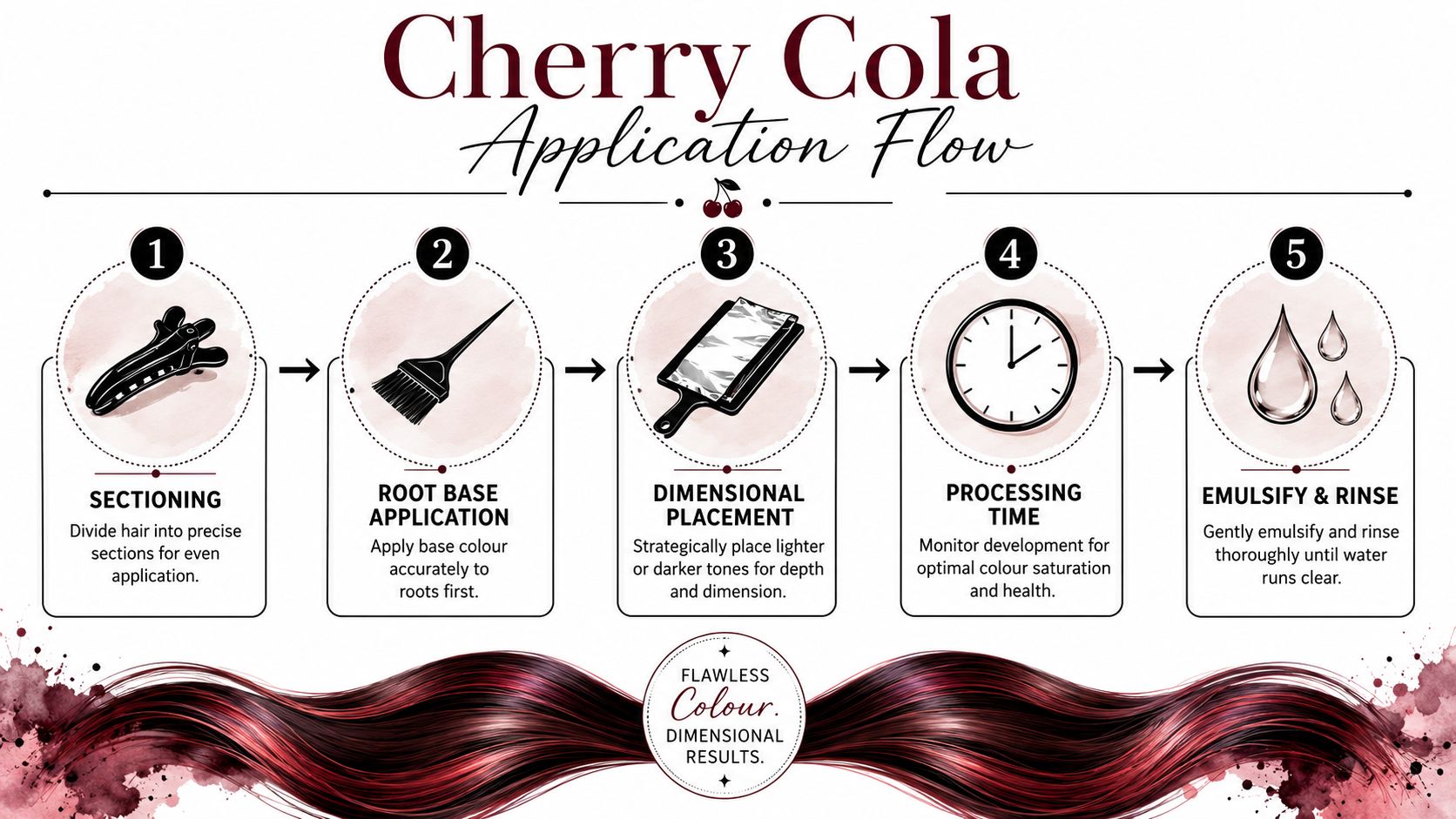 A five-step infographic showing the professional hair coloring process for achieving cherry cola hair tones.