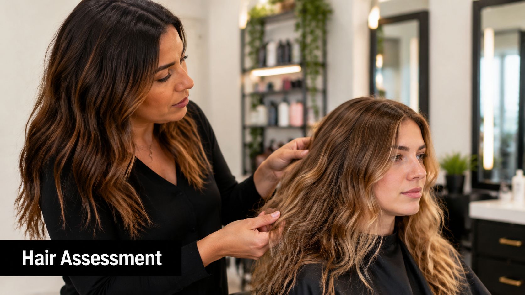 A professional hairstylist performing a hair assessment on a female client in a modern hair salon.
