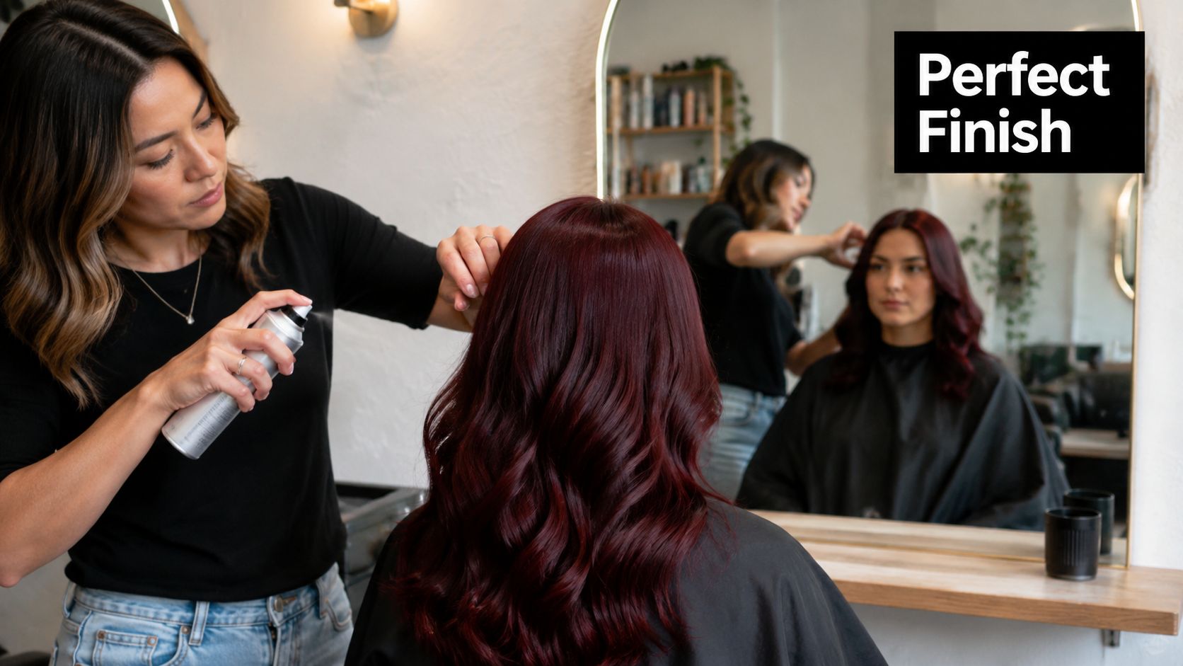 A professional hairstylist applying finishing spray to a client's vibrant cherry cola colored hair in a salon.