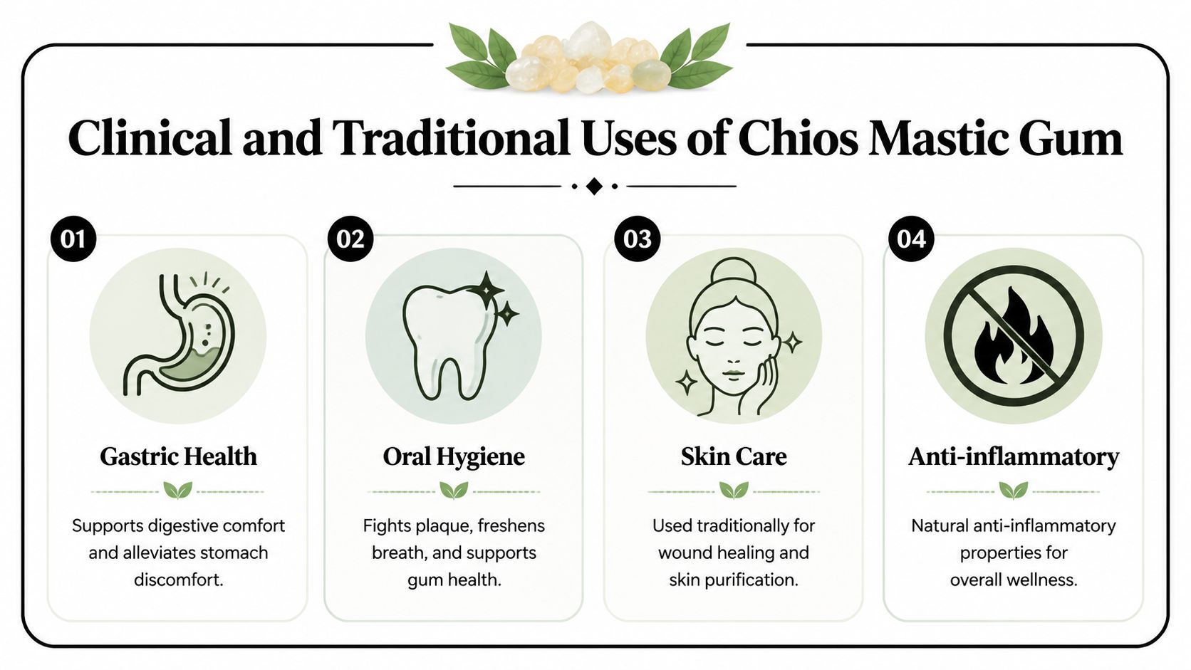 An infographic titled Clinical and Traditional Uses of Chios Mastic Gum highlighting benefits for digestion, teeth, skin, and inflammation.