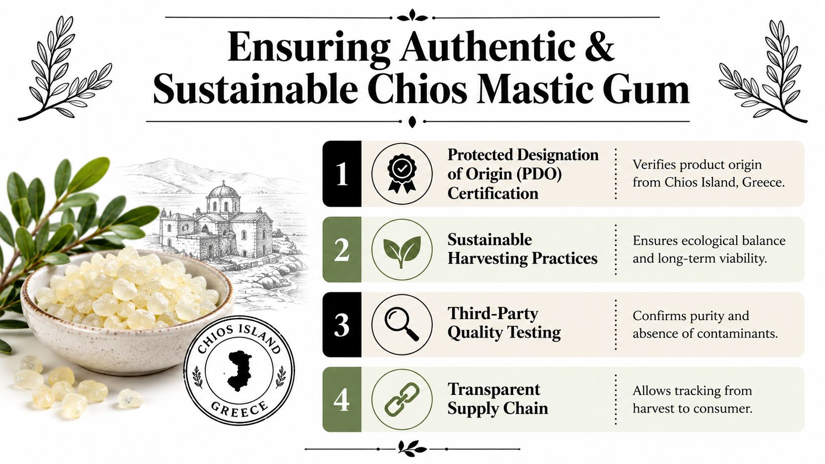 An infographic detailing the four steps for ensuring the authenticity and sustainability of Chios Mastic Gum products.