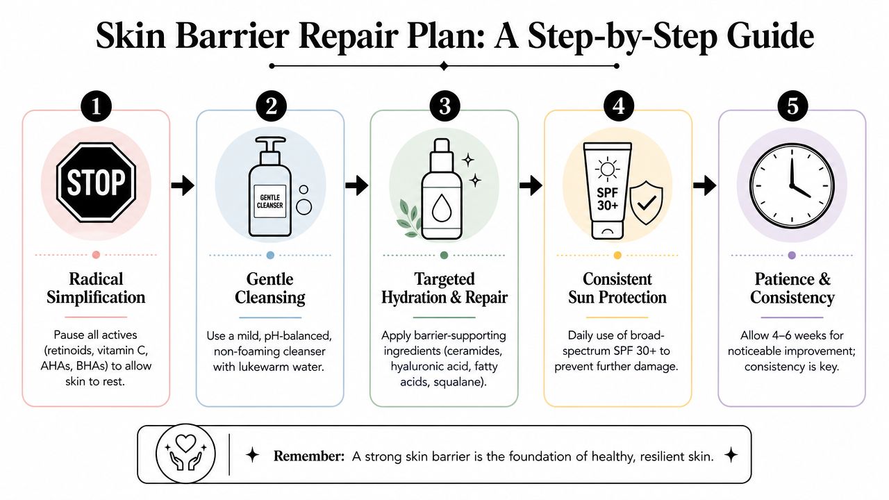 A five-step infographic guide detailing how to repair a damaged skin barrier through gentle skincare routines.