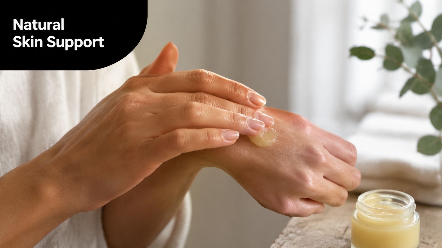 A close-up view of a person applying natural ointment to their skin to help repair the barrier.