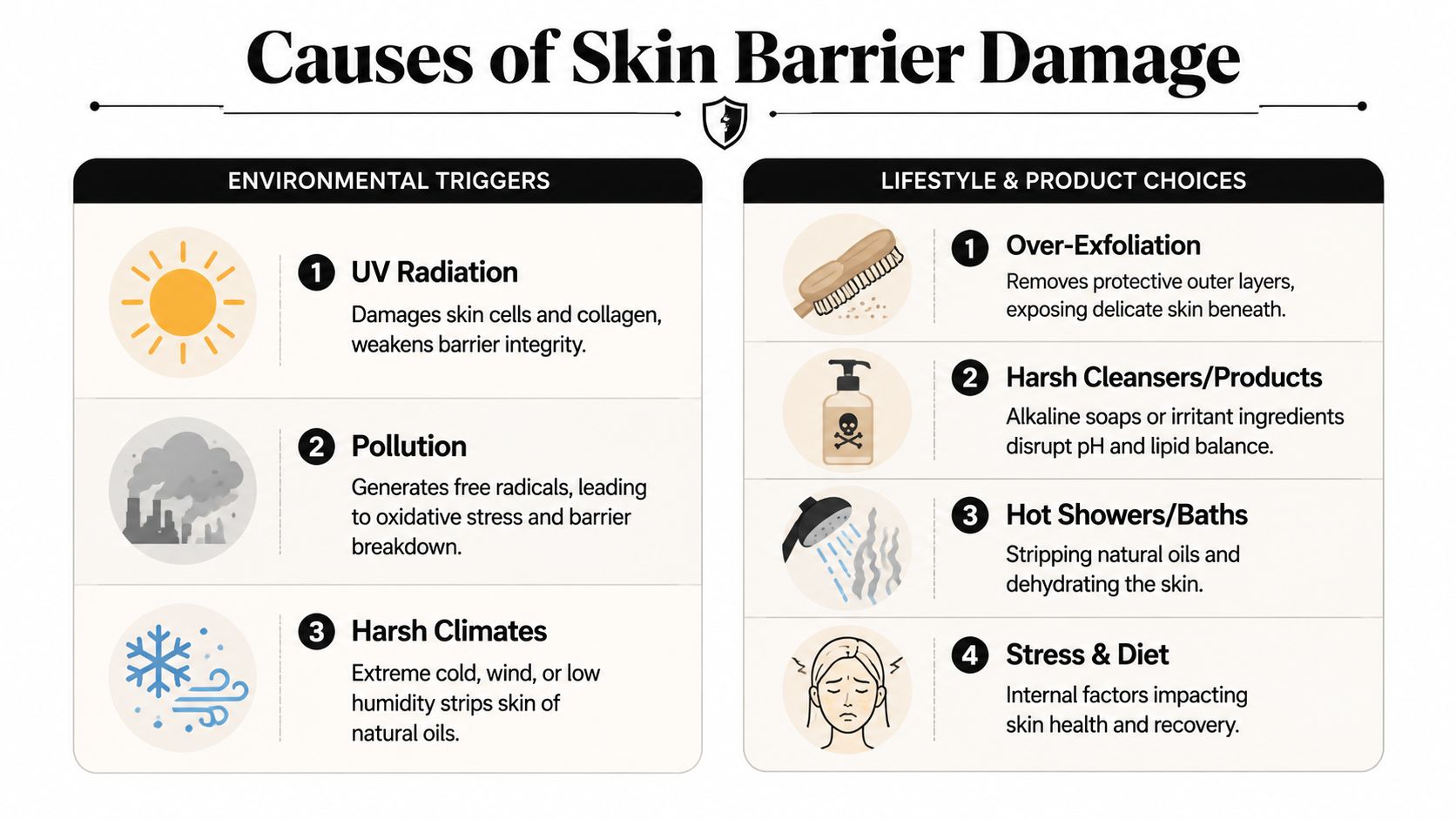 An infographic detailing environmental and lifestyle causes of skin barrier damage, such as sun exposure and diet.