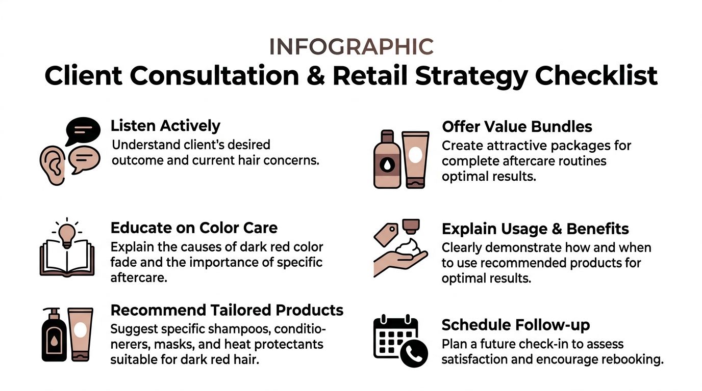 An infographic checklist for hair stylists on client consultation and retail strategies for dark red hair.