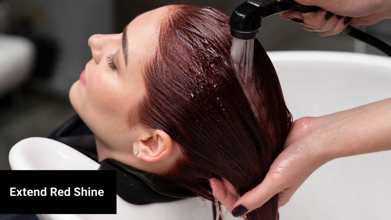 A professional hairstylist rinsing a client's dark red hair under a salon sink faucet.