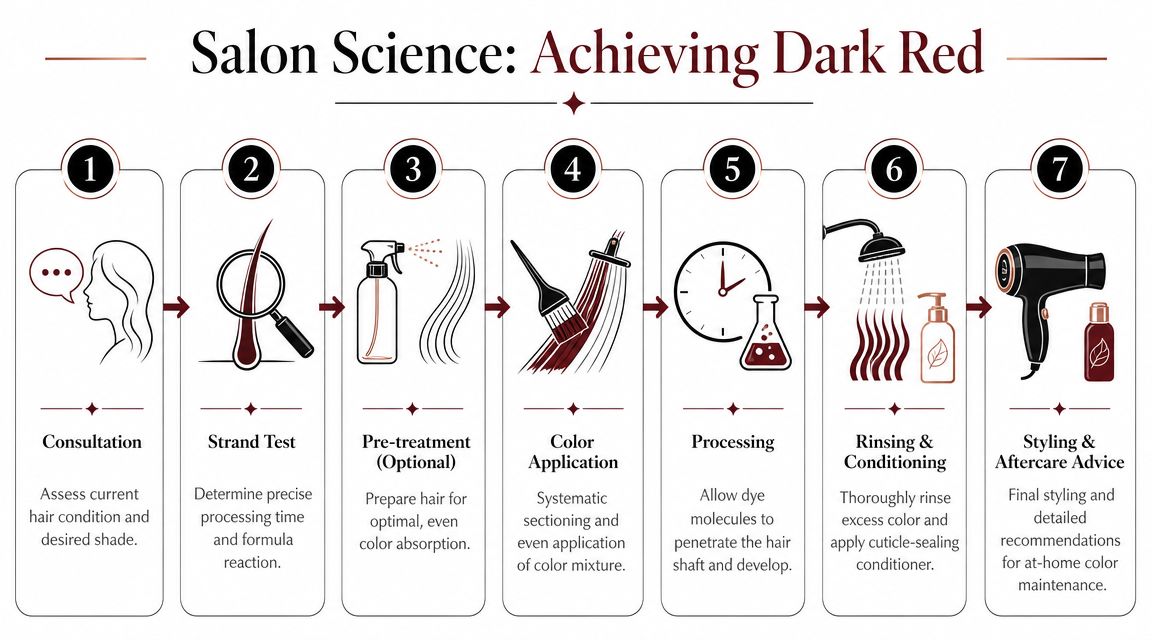 An infographic showing the seven professional steps to achieve dark red hair color in a salon.