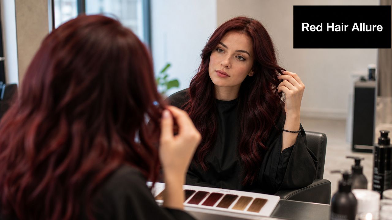 A woman with vibrant dark red hair looks at her reflection in a salon mirror.