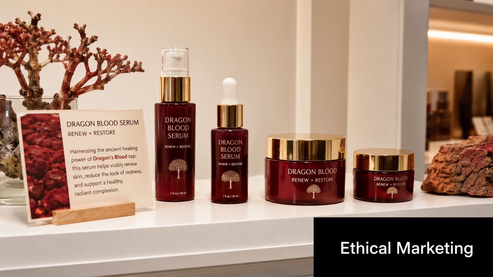 A display of Dragon Blood skincare products including serums and creams on a white shelf.