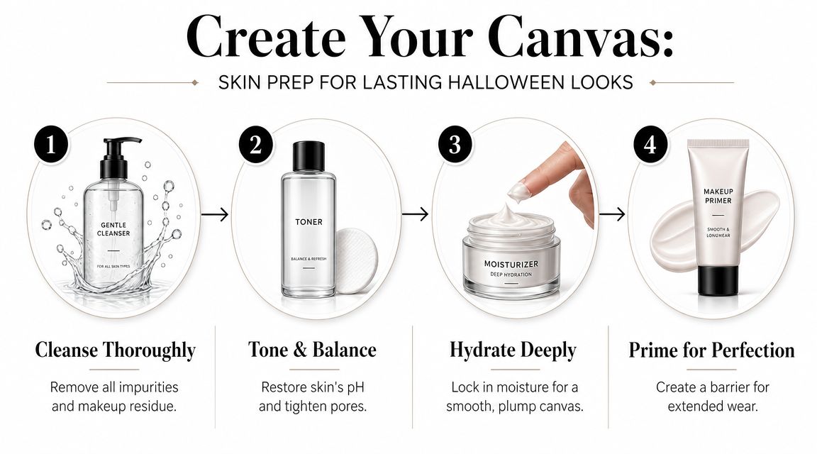 A four-step skin preparation guide for applying long-lasting Halloween makeup, featuring cleanser, toner, moisturizer, and primer.