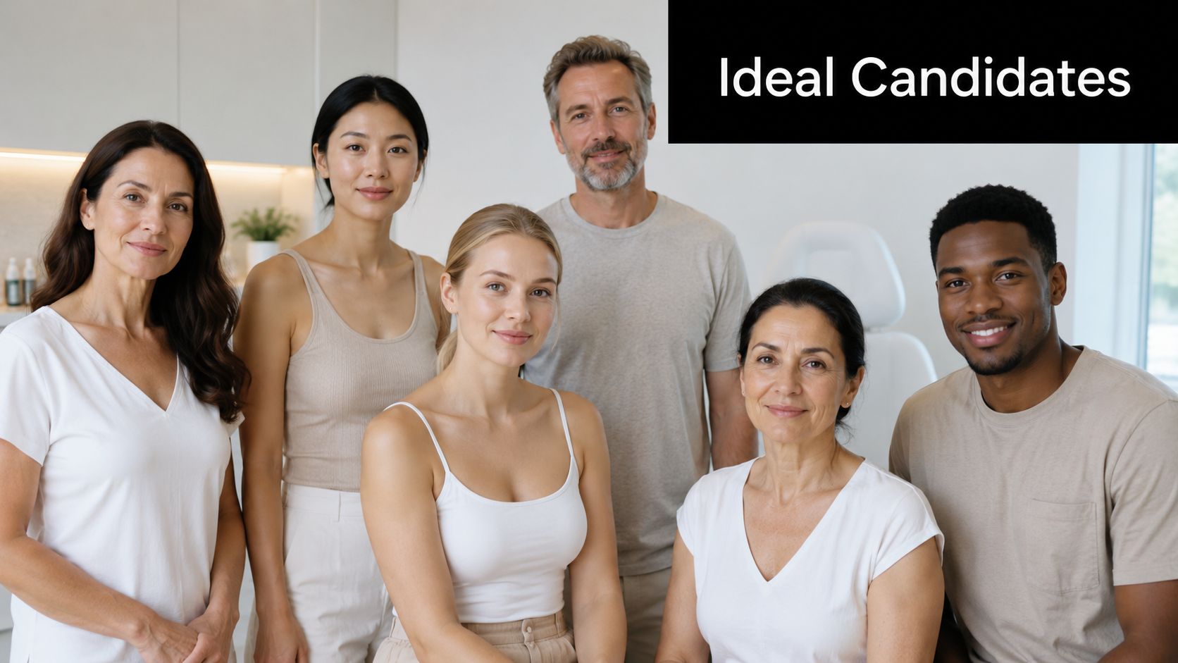 A diverse group of six people standing together in a bright, modern clinical aesthetic setting.