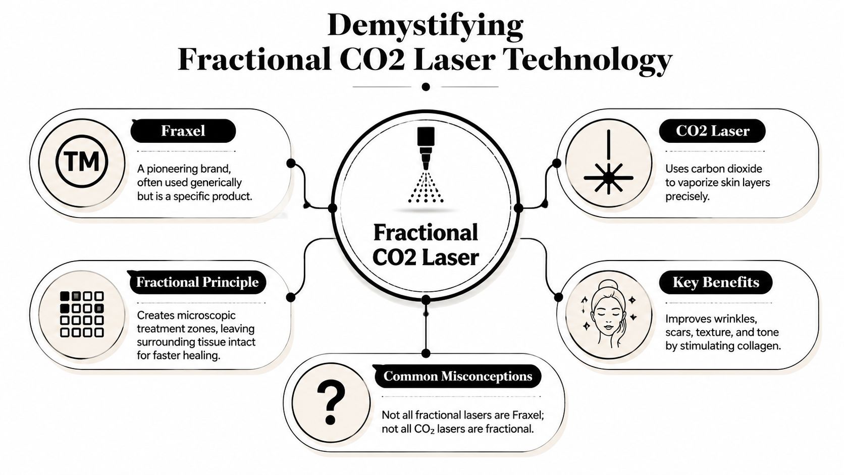 An infographic titled Demystifying Fractional CO2 Laser Technology, explaining key concepts, benefits, and common misconceptions about laser treatments.