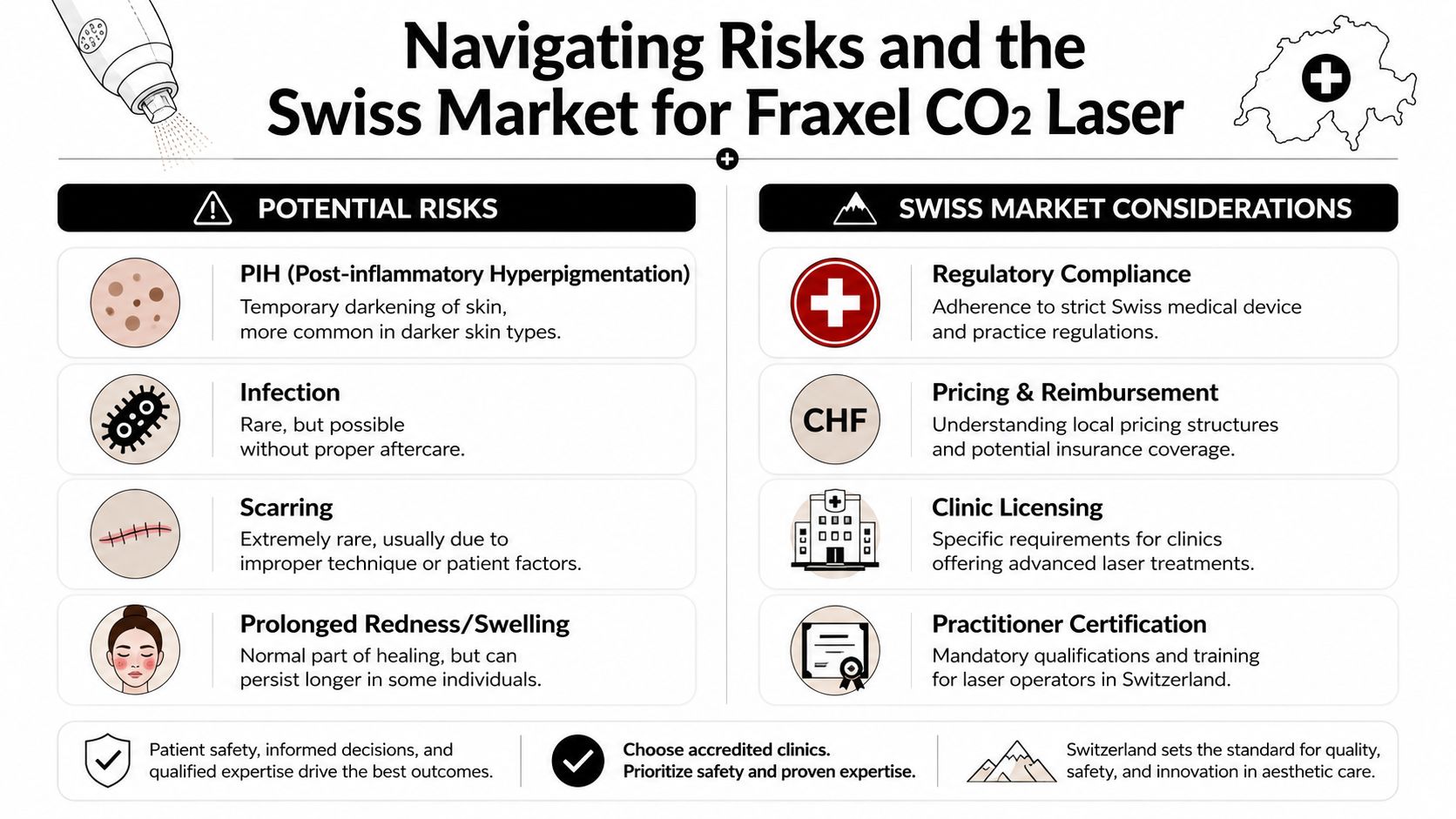 An infographic detailing potential medical risks and Swiss market considerations for Fraxel CO2 laser skin treatments.
