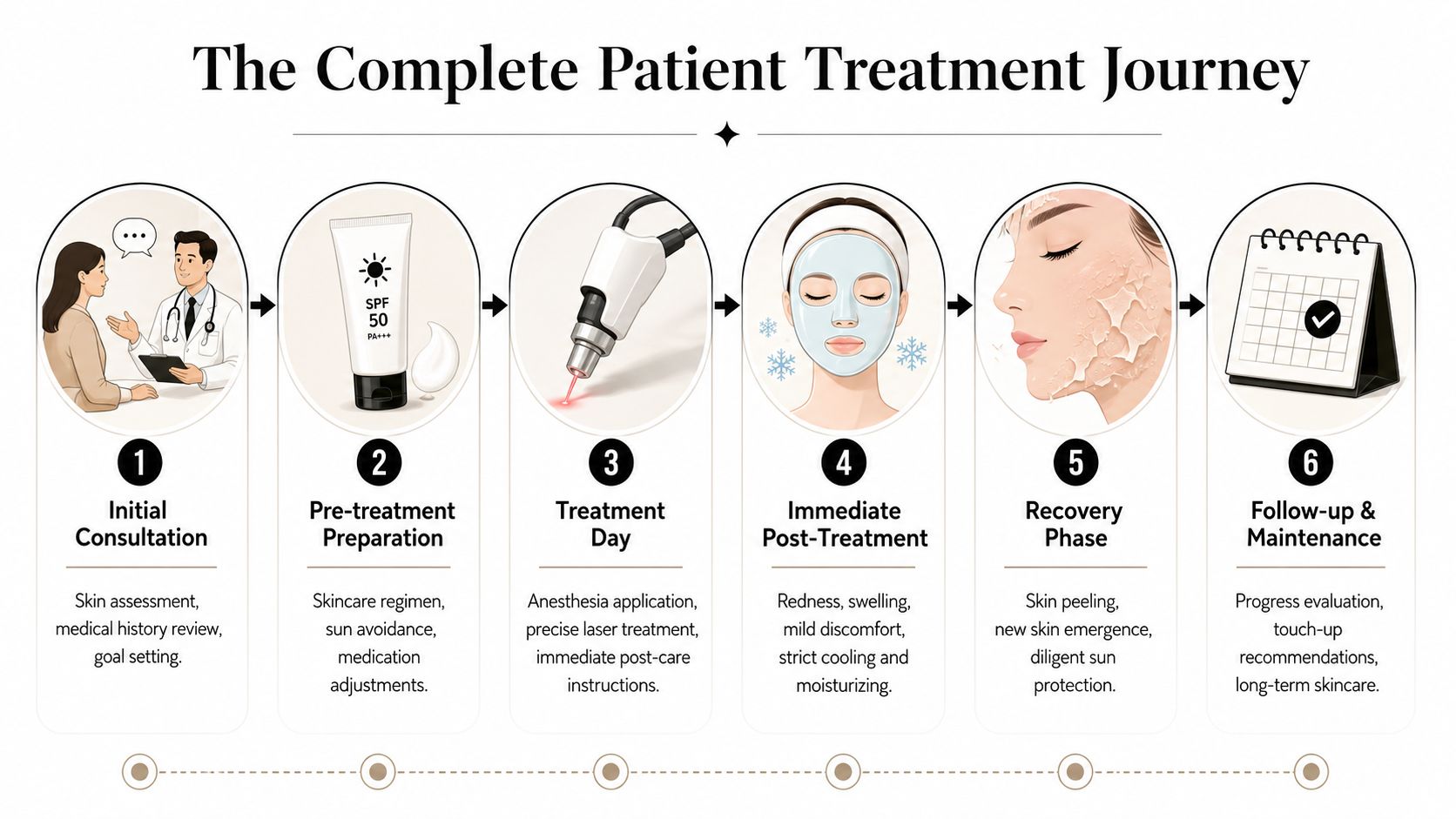A six-step infographic detailing the complete patient treatment journey for cosmetic laser skin procedures.